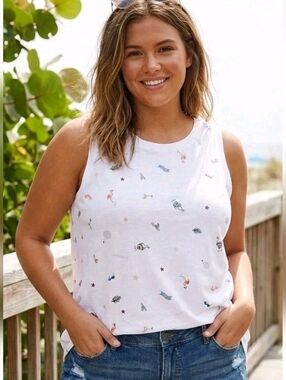 New Torrid Size 2 Classic Fit Summer Print Tank Top White - Flamingo, Cocktail